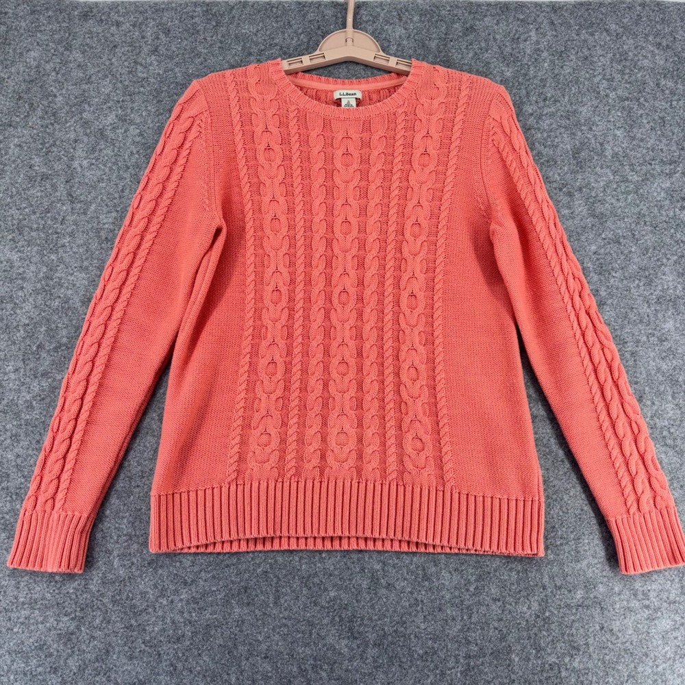 LL Bean Womens Coral Pink Cable Knit Cotton Crewneck Sweater Size S 298839